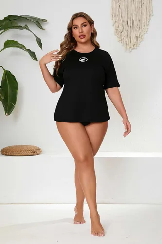 Vista 3 de Halcurt Women's Plus Size Rash Guard Swim Shirt with Built in Bra Swimsuit Todo negro