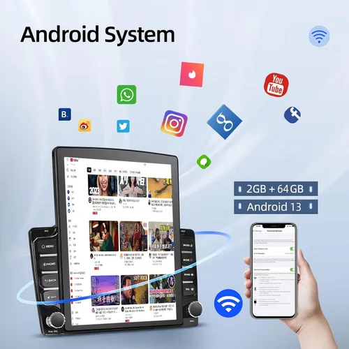 Vista 2 de [2G+64G] Android 13 Doble Din Vertical Estéreo para Coche con Carplay Inalámbrico/con Cable y Android Auto, 9.7 pulgadas Pantalla Táctil Unidad