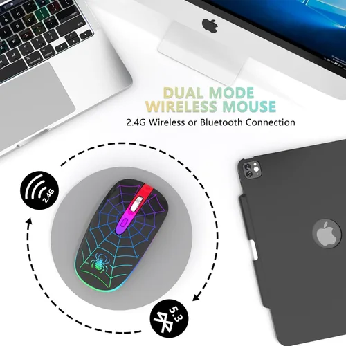 Vista 3 de Ratón inalámbrico FUWANG, ratón Bluetooth LED recargable, ratón óptico USB portátil de 2.4G con Bluetooth de dos modos, ratones de computadora