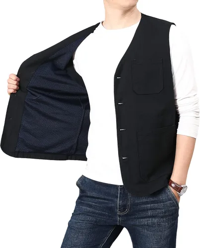 Vista 7 de PRIJOUHE Chaleco casual de algodón para hombre, ligero y transpirable, con múltiples bolsillos, para pesca, safari, viajes, al aire libre