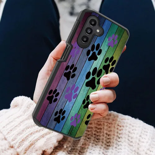 Vista 4 de Funda para Galaxy A13 5G/Galaxy A04S, diseño de tablero de madera rústica con estampado de patas de perro, resistente 2 en 1, de doble capa, híbrida
