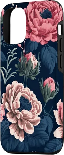 Vista 2 de Funda de follaje botánico para iPhone 15 con diseño floral azul marino y rosa