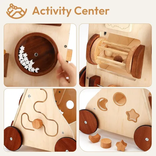 Vista 3 de Andador de madera Woodtoe para bebé, andador de empuje de velocidad ajustable, andador Montessori para niños y niñas, centro de actividades