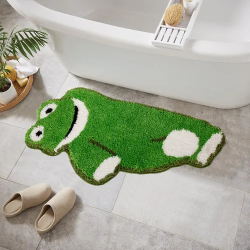 Vista 2 de Bonita alfombra de baño de rana verde, antideslizante, absorbente de agua, suave, esponjosa, divertida, con forma de animal, lavable para decoración