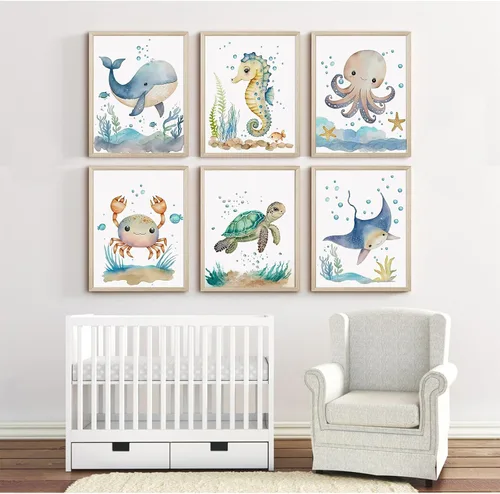 Vista 6 de Juego de 6 decoración de pared de animales marinos para guardería, lienzo de acuarela de océano, arte de pared para habitación de bebés y niños
