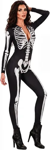 Vista 4 de Disfraz de esqueleto para mujer, overol de calavera con cremallera de Halloween