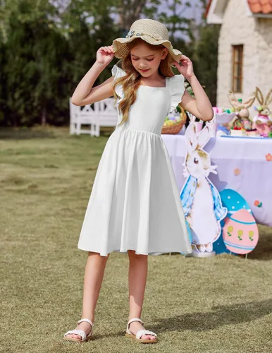 Vista 7 de Arshiner Vestidos de verano para niñas, cuello cuadrado, manga con volantes, lazo en la espalda, acampanado, casual, vestido midi con bolsillos