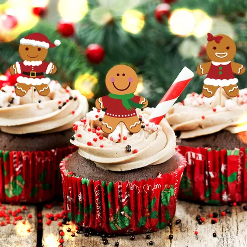 Vista 4 de AnyDesign 48 adornos de Navidad para cupcakes con palos y punta de pegamento, 7 diseños de hombre de jengibre, lindos adornos de comida de Navidad