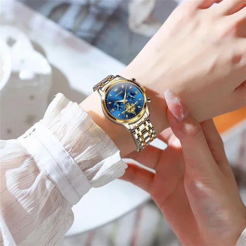 Vista 9 de OLEVS Reloj multifuncional de dos tonos para mujer, reloj analógico de cuarzo para mujer, de acero inoxidable, resistente al agua, con diamantes