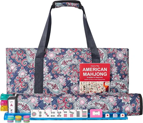 Vista 10 de Juego de Mahjong Americano GUSTARIA, 166 fichas blancas de calidad, 4 estantes/empujadores de color todo en uno, juego completo de fichas de Mahjong