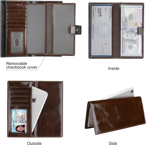 Vista 4 de Itslife Cartera de cuero con bloqueo RFID de gran capacidad para mujer, cartera de chequera auténtica, Oilcoffee, Classic