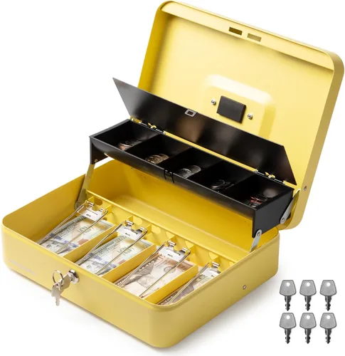 Vista 8 de Volcora Caja Grande de Dinero con Cerradura de Llave, Caja de Dinero de Metal para Efectivo, Caja de Seguridad con Cerradura Portátil y Bandeja