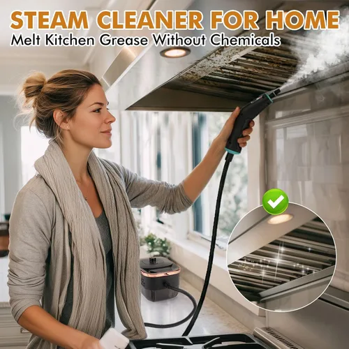 Vista 4 de Limpiador de vapor de mano para el hogar, tanque de 42.27 oz con calentamiento en 15 s, vaporizador portátil de 2500 W para limpieza, con 15 piezas