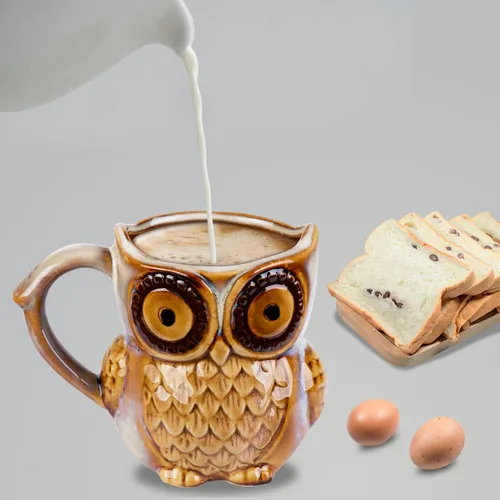 Vista 4 de Berry President Taza de café con búho, taza de café de cerámica matutina, taza de té para la oficina y el hogar, regalos de búho para mujeres Beige