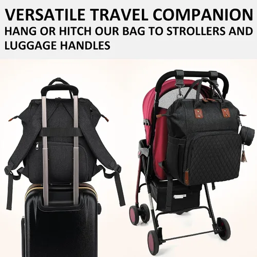 Vista 5 de Mochila para pañales para bebé, niña, niño, viaje, diseño unisex con funda para chupete, bolsillo para robo, cambiador, Negro -, Mochilas de viaje