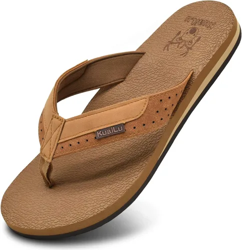 Vista 6 de KuaiLu - Sandalias de pata de gallo para hombre con soporte para el arco y plantilla de piel usada para tapetes de yoga