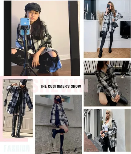 Vista 5 de SHEWIN - Camisas de franela, de manga larga, a cuadros, con solapa y botones para mujer