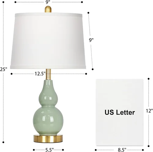 Vista 2 de Juego de 2 lámparas de cerámica de doble calabaza verde de 25 pulgadas, modernas lámparas de mesa de cerámica para sala de estar, elegantes lámparas