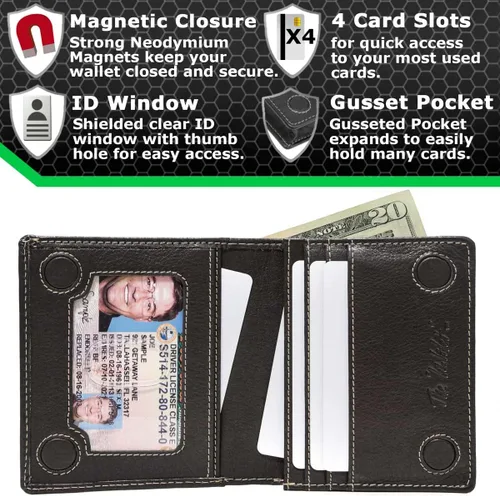 Vista 2 de ID Stronghold Waltlet - Cartera plegable con bloqueo RFID para hombres con cierre magnético, Negro -, Minimalista
