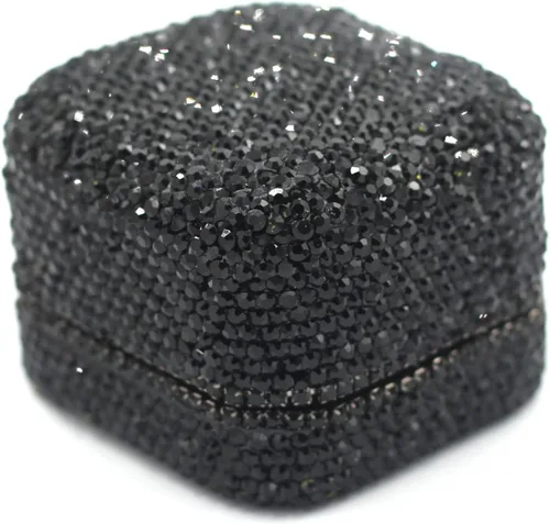 Vista 5 de Caja de anillos de cristal de lujo para aretes, caja de almacenamiento de joyería, caja de regalo para anillo de propuesta, ceremonia, boda, Negro
