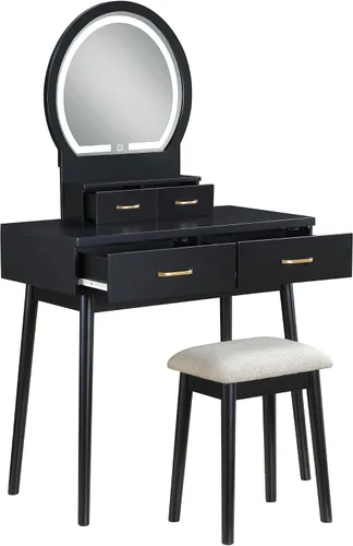 Vista 9 de Lexicon Tocador moderno con espejo, luces LED, 3 modos de iluminación, pequeño juego de tocador de maquillaje con 4 cajones y taburete acolchado