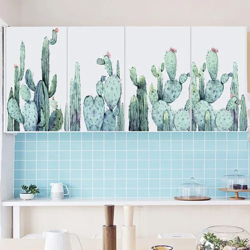 Vista 2 de Calcomanías de pared de cactus, calcomanías de cactus de plantas verdes para decoración de pared de espejo, murales de vinilo removibles para sala