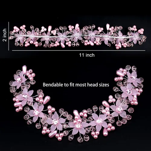 Vista 2 de CURASA Diadema de perlas rosas de cristal para niña, corona de princesa para cumpleaños, primera comunión