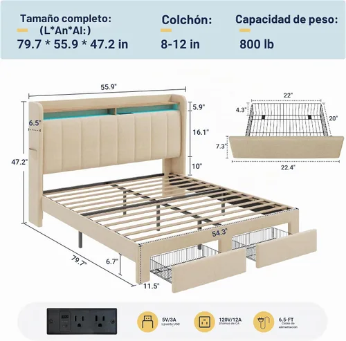 Vista 2 de Allewie - Marco de cama vertical tapizado con plataforma de tamaño matrimonial, con cabecera con almacenamiento de 2 niveles y luces LED, 2 cajones