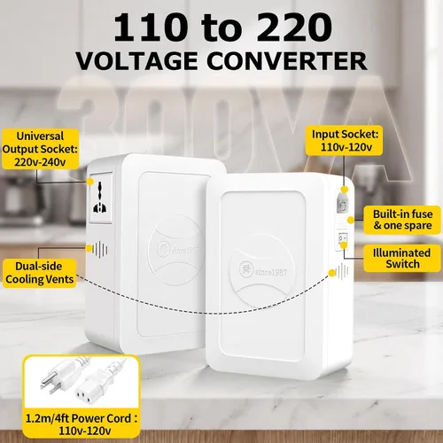 Vista 2 de SUNSHUN Convertidor de 110 V a 220 V Transformador de voltaje de 110 V/120 V a 220 V/240 V con 2 enchufes de salida para electrodomésticos de Europa