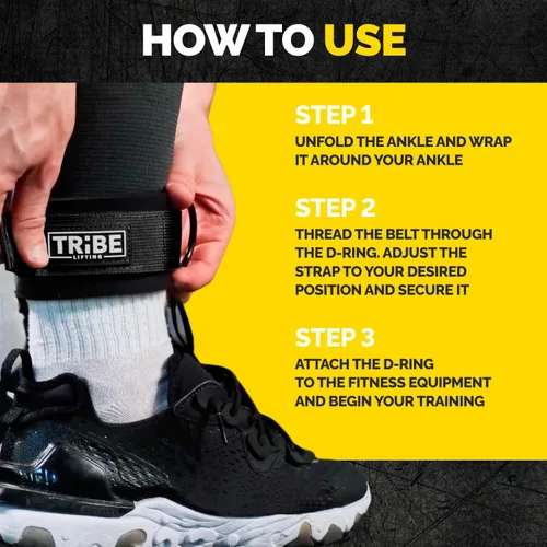 Vista 4 de Tribe Lifting Ankle Straps for Cable Machines - Padded Neoprene Ankle Cuffs with Double D-Ring Attachments - Adjustable Leg Straps for Glute
