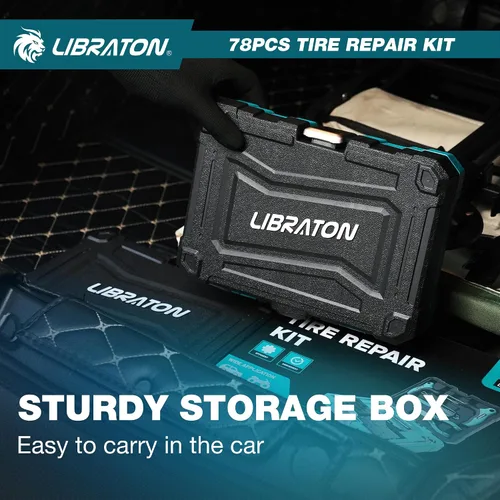 Vista 8 de Kit de reparación de neumáticos Libraton, kit de 78 piezas de tapones para neumáticos, herramientas profesionales resistentes para arreglar