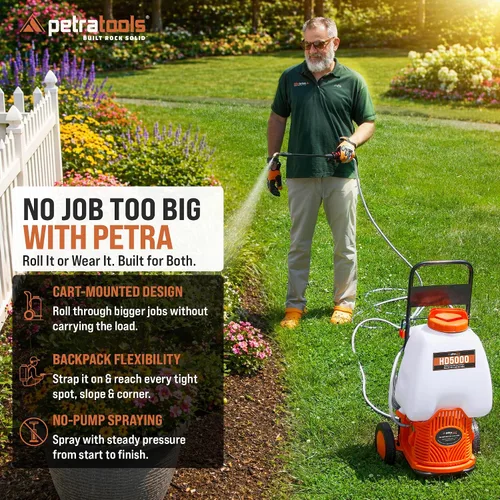 Vista 6 de Petra Rociador de mochila alimentado por herramientas con carrito ajustado personalizado y manguera comercial de 100 pies, 2 mangueras incluidas