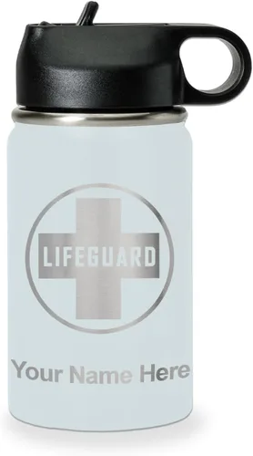 Vista 65 de LaserGram Botella de agua personalizada, salvavidas, acero inoxidable de doble pared aislada al vacío con popote superior, regalo grabado Negro