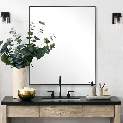 Vista 52 de 24x24 Inch Black Bathroom Mirror for Wall, Aluminum Frame Rectangle Rectangular Vanity Mirror, Modern Large for Bedroom, Living Room, Horizontal or
