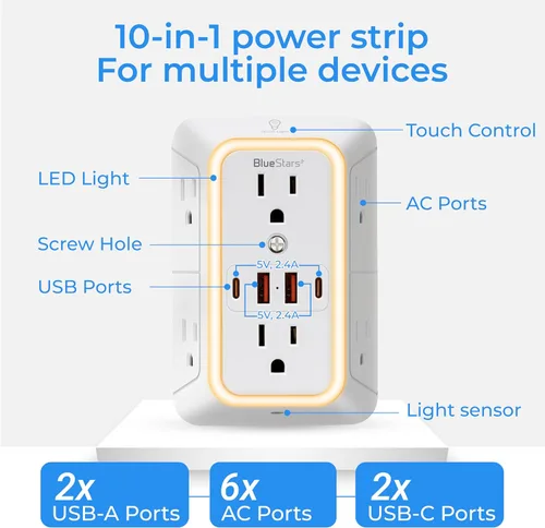 Vista 2 de Regletas de corriente para montaje en pared, cargador de pared, extensor de 6 enchufes, 4 puertos USB (5V, 2.4A, 12W) y luz nocturna, regleta