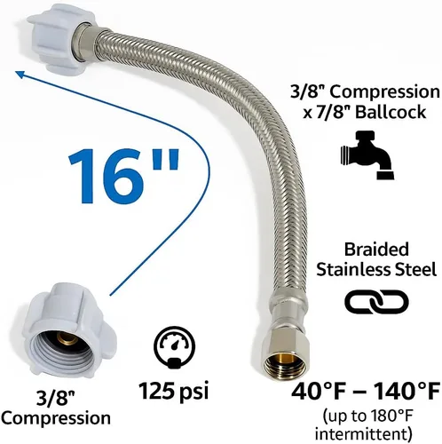 Vista 2 de Conector de inodoro - Manguera de inodoro trenzada de acero inoxidable con rosca de compresión hembra de 3/8 x rosca hembra de 7/8 - Línea
