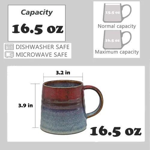 Vista 2 de Taza de café grande de cerámica, taza de té para oficina y hogar, tazas de café de cerámica hechas a mano, 16.5 onzas, aptas para lavavajillas