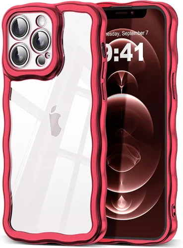 Vista 47 de SKYLMW Funda compatible con iPhone 12 Pro, diseño de ondas rizadas kawaii, borde chapado de lujo, elegante parte trasera transparente brillante, TPU