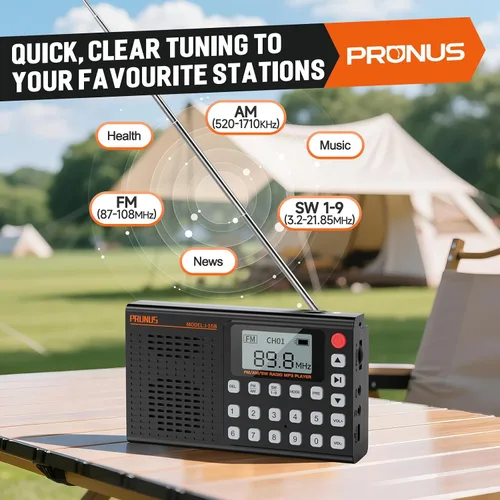 Vista 2 de PRUNUS J168 AM FM Radio Altavoz Bluetooth, preestablecido, excelente recepción, reproducción de tarjeta TF, temporizador de sueño, carga USB C