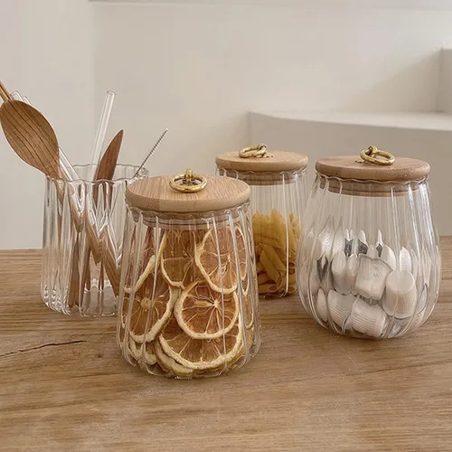 Vista 3 de Frascos de vidrio con tapas de bambú, contenedores de vidrio de 23 FL OZ con tapas herméticas para almacenamiento, tarros grandes de caramelo