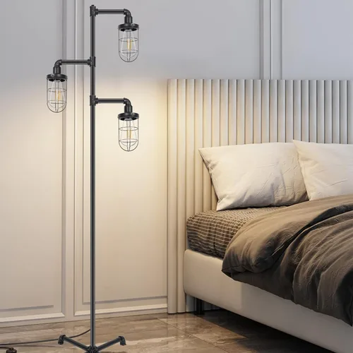 Vista 6 de CONCA Steampunk - Lámpara de pie industrial de tres cabezas, bombilla Edison rústica, pantalla de jaula (negro)