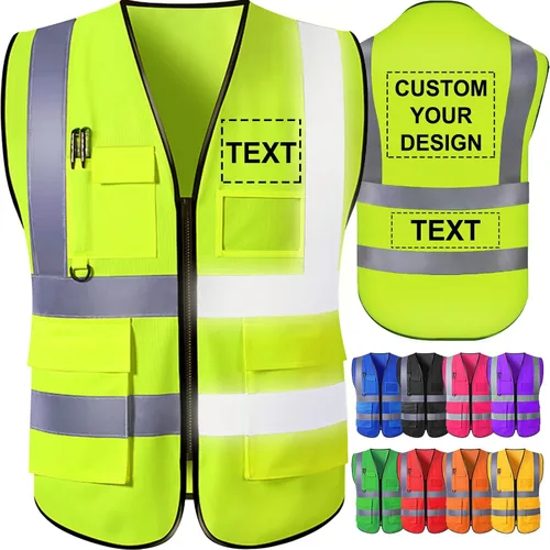 Vista 7 de Chaleco de seguridad personalizado para hombre con bolsillos con logo, chalecos reflectantes de alta visibilidad para construcción, ropa