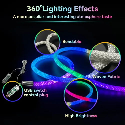 Vista 8 de Luces de cuerda LED de neón de 6.56 pies, luces impermeables con sincronización de música con control remoto y APP, alimentadas por USB, iluminación