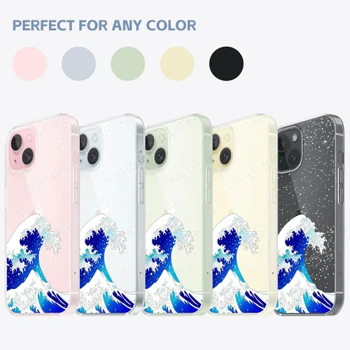 Vista 6 de Funda diseñada para iPhone 15, diseño de ondas en cielo estrellado, funda transparente de teléfono para mujer con ondas japonesas para iPhone 15, a
