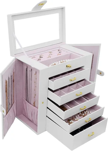 Vista 9 de AKOZLIN - Organizador de joyería extra grande de 6 niveles con espejo, estuche de joyería de cuero con 5 cajones para mujeres y niñas, para anillos