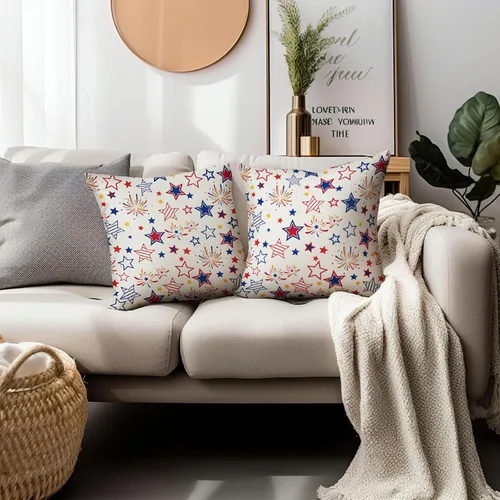 Vista 79 de Juego de 2 fundas de almohada de 16 x 16 pulgadas, diseño patriótico de bandera estadounidense con estrellas para exteriores, estilo casa de campo