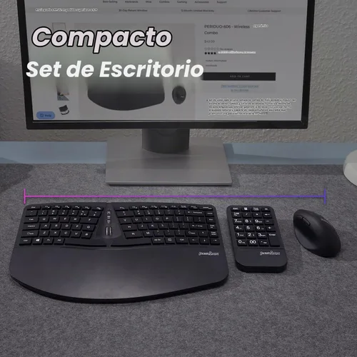 Vista 8 de Perixx PERIDUO-606A, teclado ergonómico compacto inalámbrico 3 en 1 con mouse vertical y teclado numérico, reposamanos ajustable, rueda inclinable