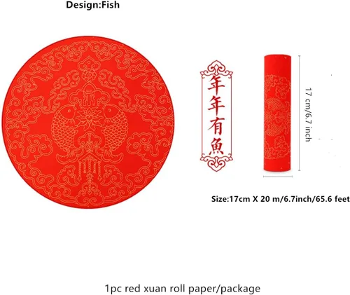 Vista 4 de KYMY Rollo de papel Xuan rojo chino, Festival de Primavera Asiático Caligrafía en Blanco Papel de Arroz - 6.7 in x 65.6 ft, doble puerta de pez