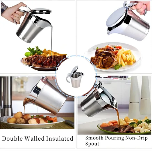 Vista 5 de Salsa de doble pared con aislamiento térmico de acero inoxidable 304 Salsa de barco Serveware para bebidas Olla de cocina Jarra para servir