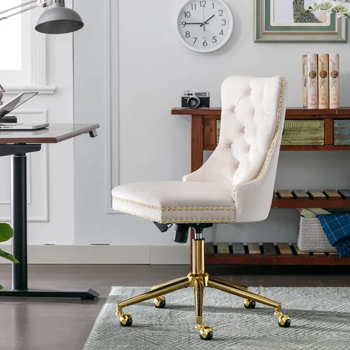 Vista 5 de SSLine Elegante silla de escritorio de terciopelo para niñas y mujeres, silla giratoria copetuda para computadora de oficina con ruedas, moderna